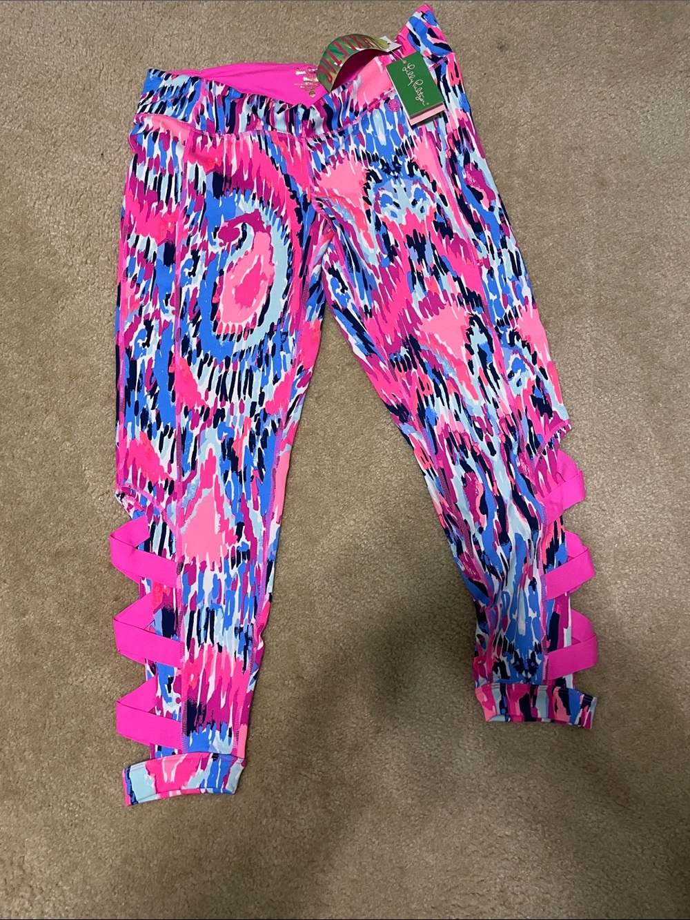 Lilly Pulitzer Hot Pink & Blue Abstract Print Leggings with Lattice Side Straps